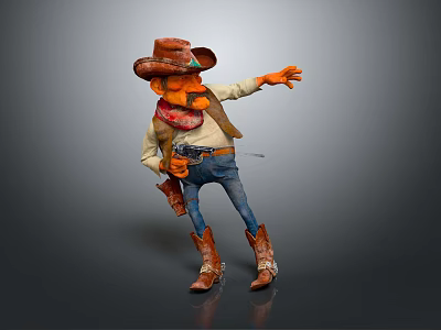 Cartoon Cowboy Character With Brown Hat Red Bandana Orange Skin Blue Jeans And Revolver Pointing 3d model