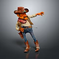 Cartoon Cowboy Character With Brown Hat Red Bandana Orange Skin Blue Jeans And Revolver Pointing