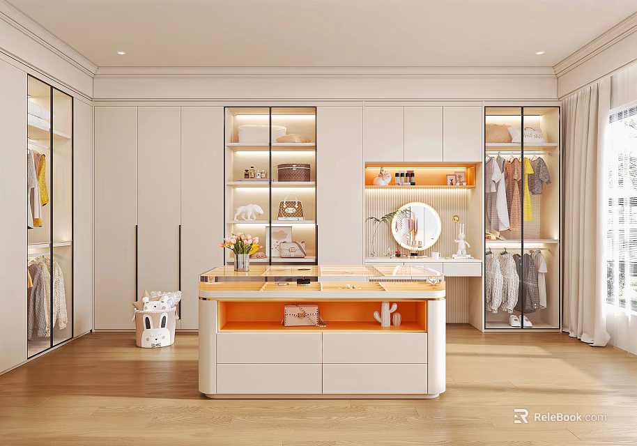 Modern Walk in Closet Interior With Island Storage Warm Lighting Mirror 3d model 