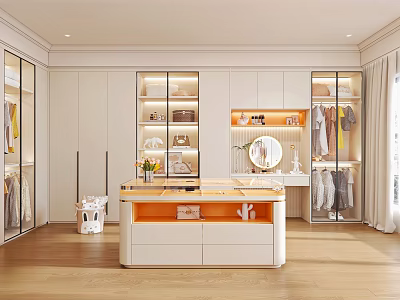 Modern Walk in Closet Interior With Island Storage Warm Lighting Mirror 3d model
