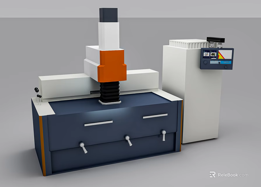 Industrial Machining Equipment with Blue Base Drawers Orange White Column and Control Console 3d model 