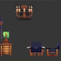 Pixel Art Style Blue Sofa Coffee Table Set With Side Table Chandelier And Decorative Cube