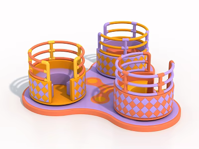 Colorful Playground Equipment with Three Circular Seats and Diamond Pattern Railings on Purple Wavy Base 3d model