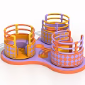 Colorful Playground Equipment with Three Circular Seats and Diamond Pattern Railings on Purple Wavy Base