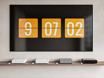 Black Large Screen TV Displaying Numbers With Wooden Shelf And Electronic Devices Below 3d model