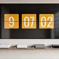 Black Large Screen TV Displaying Numbers With Wooden Shelf And Electronic Devices Below