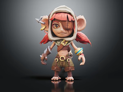 Cartoon Adventure Game Character With Red Hair White Hat Eye Patch And Clawed Feet 3d model