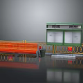 Bus Station With Orange Bench Green Information Board Trash Can And Yellow Railing