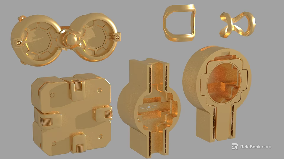 Gold Mechanical Components With Various Geometric Shapes And Structural Designs 3d model 