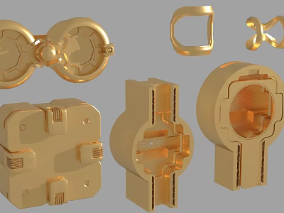 Gold Mechanical Components With Various Geometric Shapes And Structural Designs 3d model