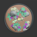 Fantasy Game Creature Inside Glass Dome With Purple Flowers Green Leaves And White Stones