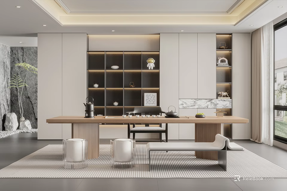 Modern Tea Room Interior Design With Wooden Long Table Tea Sets Bookshelves And Comfortable Seats 3d model 