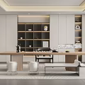 Modern Tea Room Interior Design With Wooden Long Table Tea Sets Bookshelves And Comfortable Seats