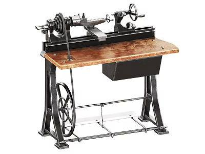 Vintage Industrial Lathe Equipment With Metal Frame Wooden Workbench And Mechanical Parts 3d model