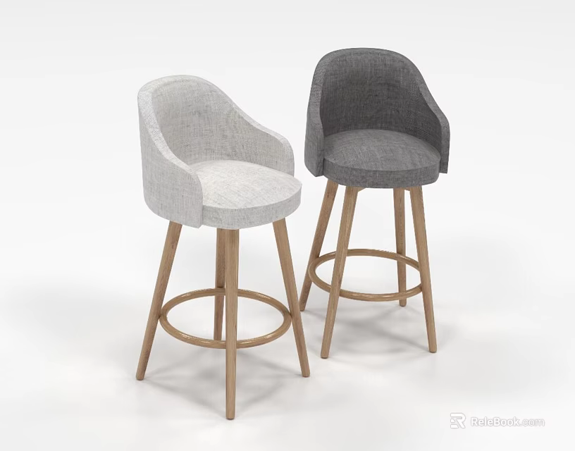 Modern Bar Stools With Light And Dark Gray Upholstered Seats And Wooden Legs 3d model 