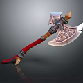 Ornate Decorative Axe With Red Wrapped Handle And Intricate Metal Carvings