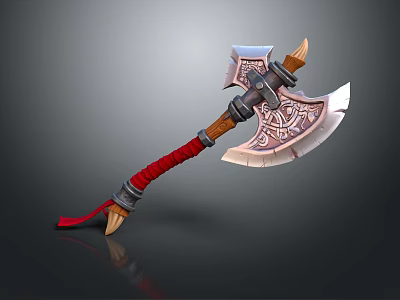Ornate Decorative Axe With Red Wrapped Handle And Intricate Metal Carvings 3d model