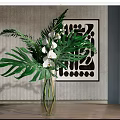 Transparent Glass Vase With White Orchids Large Green Leaves And Abstract Art On Textured Wall