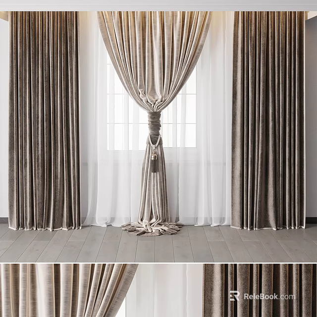Elegant Double Layer Curtains with Sheer Inner and Textured Outer Panels for Window Decor 3d model