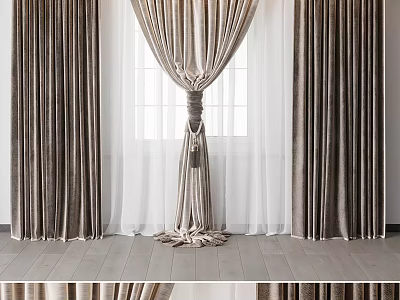 Elegant Double Layer Curtains with Sheer Inner and Textured Outer Panels for Window Decor 3d model