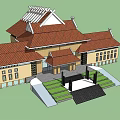 Traditional Chinese Style Hotel Building With Red Tile Roof Yellow Facade And Glass Windows