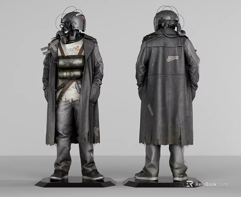 Two Character Statues Front Back View With Tattered Long Coat Helmet And Gear 3d model 