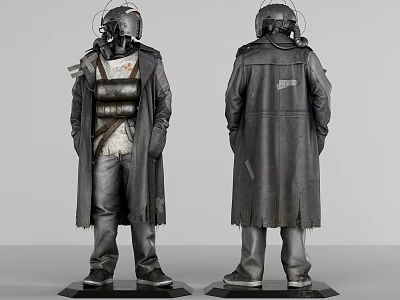 Two Character Statues Front Back View With Tattered Long Coat Helmet And Gear 3d model