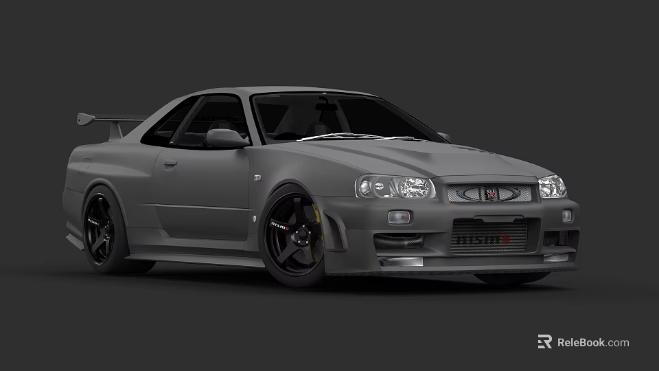 Gray Modified Sports Car With Rear Spoiler Black Wheels And Front Grille 3d model 