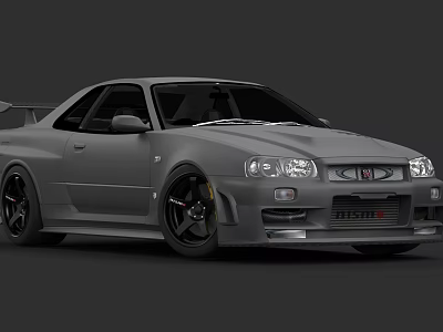 Gray Modified Sports Car With Rear Spoiler Black Wheels And Front Grille 3d model