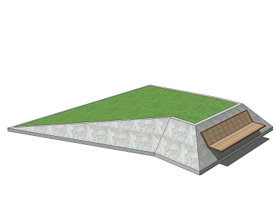 Outdoor Chair With Wooden Surface Near Stone Structure And Green Grass Roof 3d model