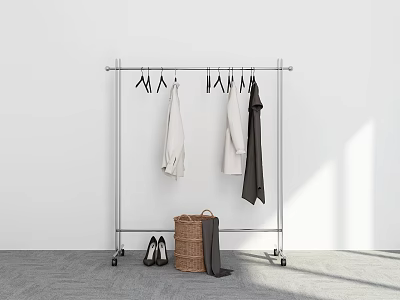 Metal Clothes Rack with Hanging Coats Jackets Basket High Heels Pants in Bright Minimalist Room 3d model