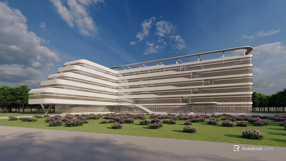 Modern White Multi Story Building Exterior With Green Lawn And Purple Flowers 3d model 