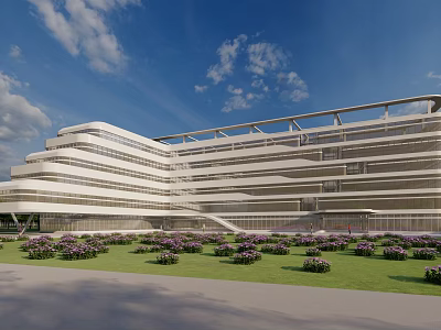 Modern White Multi Story Building Exterior With Green Lawn And Purple Flowers 3d model