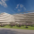 Modern White Multi Story Building Exterior With Green Lawn And Purple Flowers
