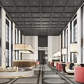 Modern Sales Office Lobby Interior With Spacious Design Chandeliers And Red Sofas 3d model