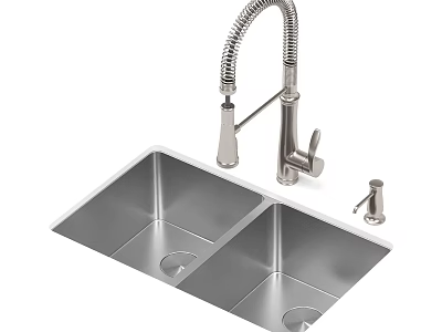 Stainless Steel Double Bowl Kitchen Sink with Pull Down Sprayer Faucet and Soap Dispenser 3d model