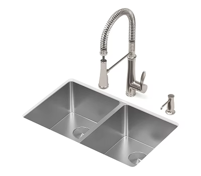 Stainless Steel Double Bowl Kitchen Sink with Pull Down Sprayer Faucet and Soap Dispenser 3d model
