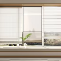 Three Different Styles Roman Blinds On Wooden Frame Window With Natural View And Indoor Plant