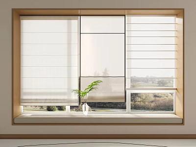 Three Different Styles Roman Blinds On Wooden Frame Window With Natural View And Indoor Plant 3d model