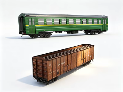 Green Passenger Train Carriage With Windows And Brown Freight Wooden Structure 3d model