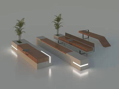 Modern Landscape Seats With Wooden Benches Concrete Bases LED Lights And Potted Plants 3d model