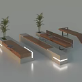 Modern Landscape Seats With Wooden Benches Concrete Bases LED Lights And Potted Plants