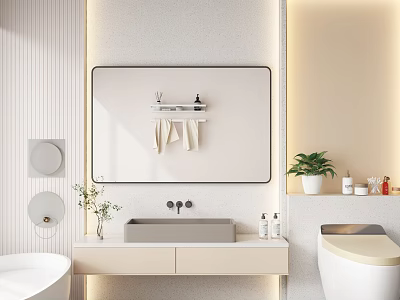Modern Bathroom Interior With Large Mirror Sink Counter Potted Plant And Toiletries 3d model