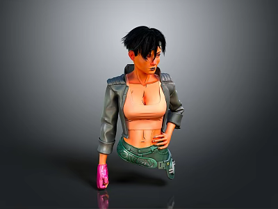 3D Game Movie Character with Black Short Hair Gray Jacket Pink Top Green Waist Decoration 3d model