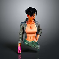 3D Game Movie Character with Black Short Hair Gray Jacket Pink Top Green Waist Decoration