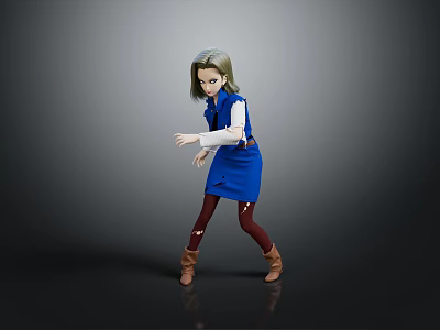 Female Character Wearing Blue Vest Dress White Shirt Red Leggings Brown Boots on Gray Background 3d model