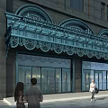 Blue Decorative Patterned Awning on Building Facade with Glass Doors and People Walking Nearby