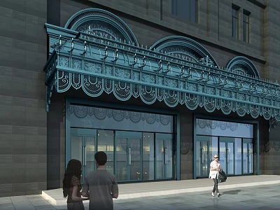 Blue Decorative Patterned Awning on Building Facade with Glass Doors and People Walking Nearby 3d model