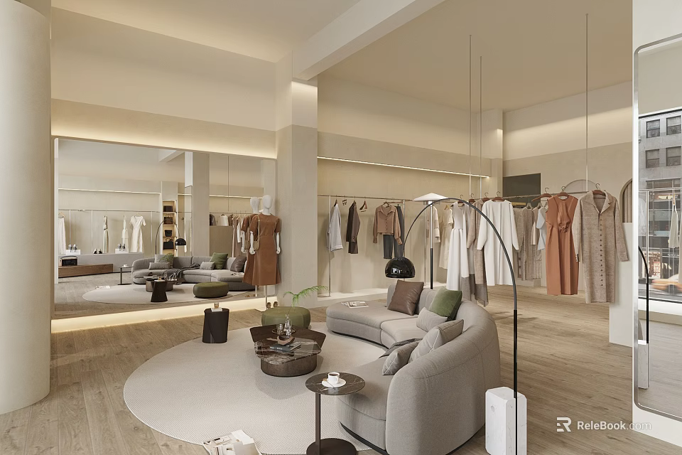 Modern Clothing Store Interior With Hanging Clothes Sofa Mirror And Green Plant 3d model 