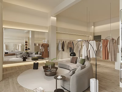 Modern Clothing Store Interior With Hanging Clothes Sofa Mirror And Green Plant 3d model